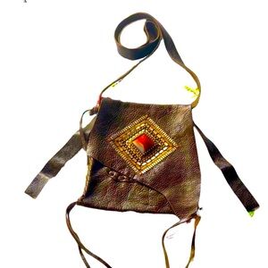 Calleen Cordero Joyti Metallic Khaki Messenger Bag with Carnelian Stone Studs